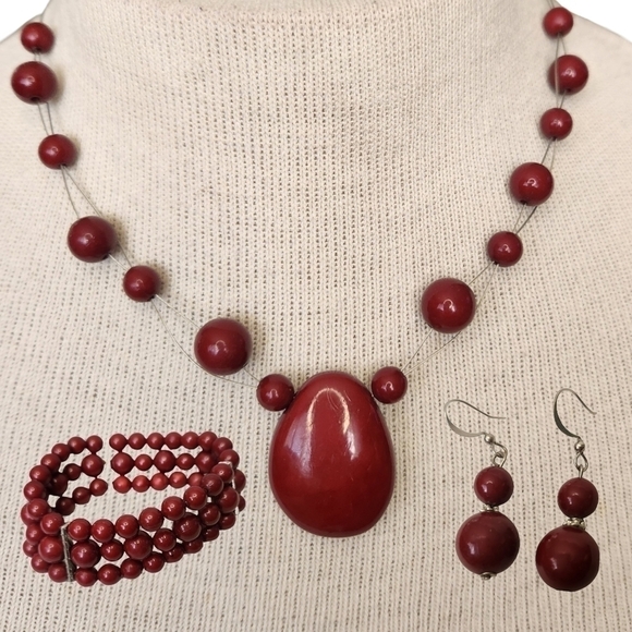 Dark Red Beaded Necklace, Earrings, and Bracelet - Picture 1 of 4